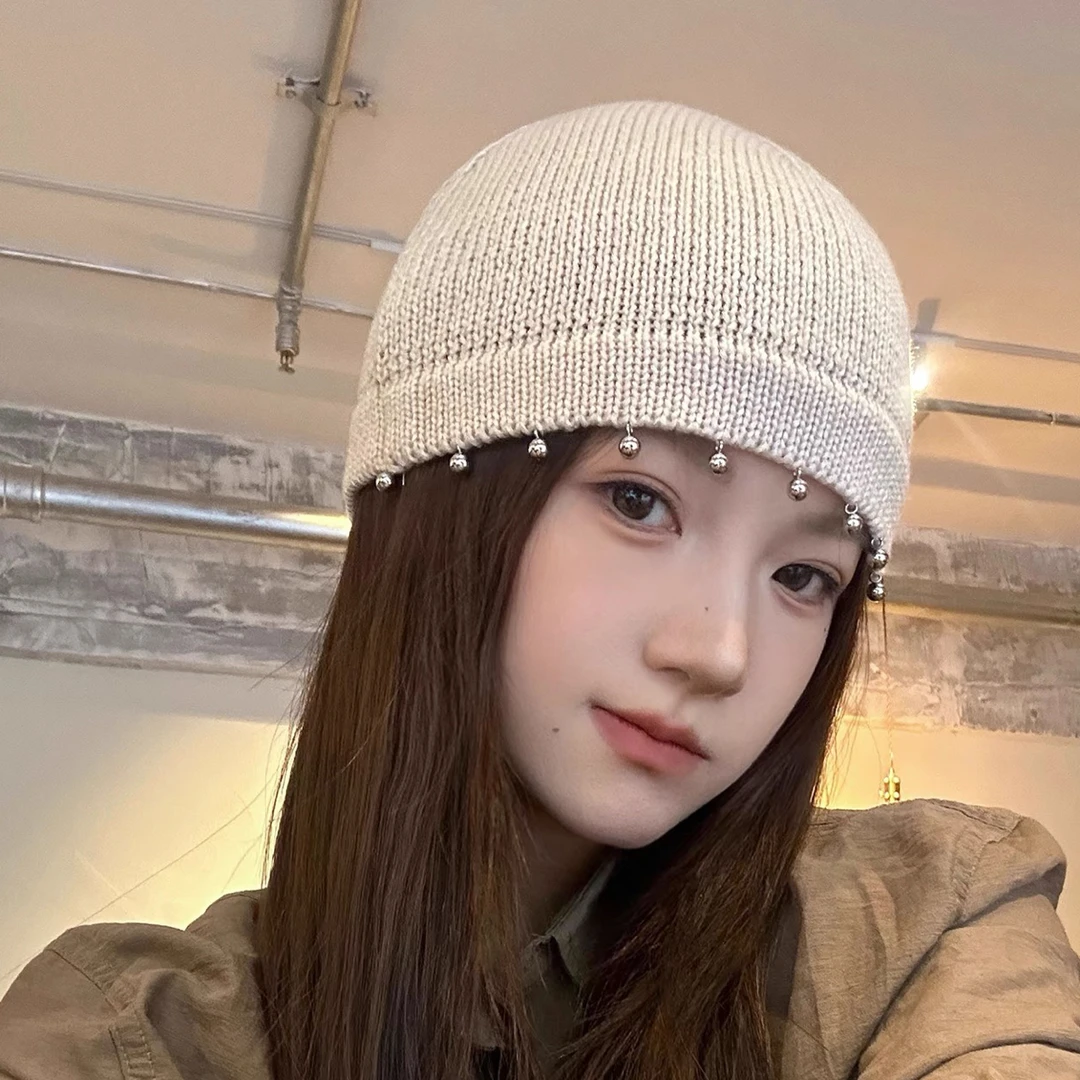 韩系ins风针织毛线帽子女挂珠冷帽套头帽秋冬包头帽纯色瓜皮帽冬