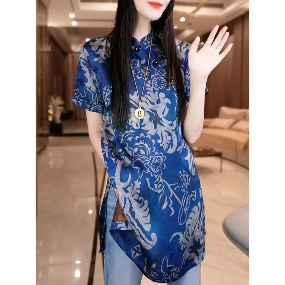 时尚气质妈妈装宽松印花短袖衬衫女2025夏季新款开叉通勤显瘦衬衣