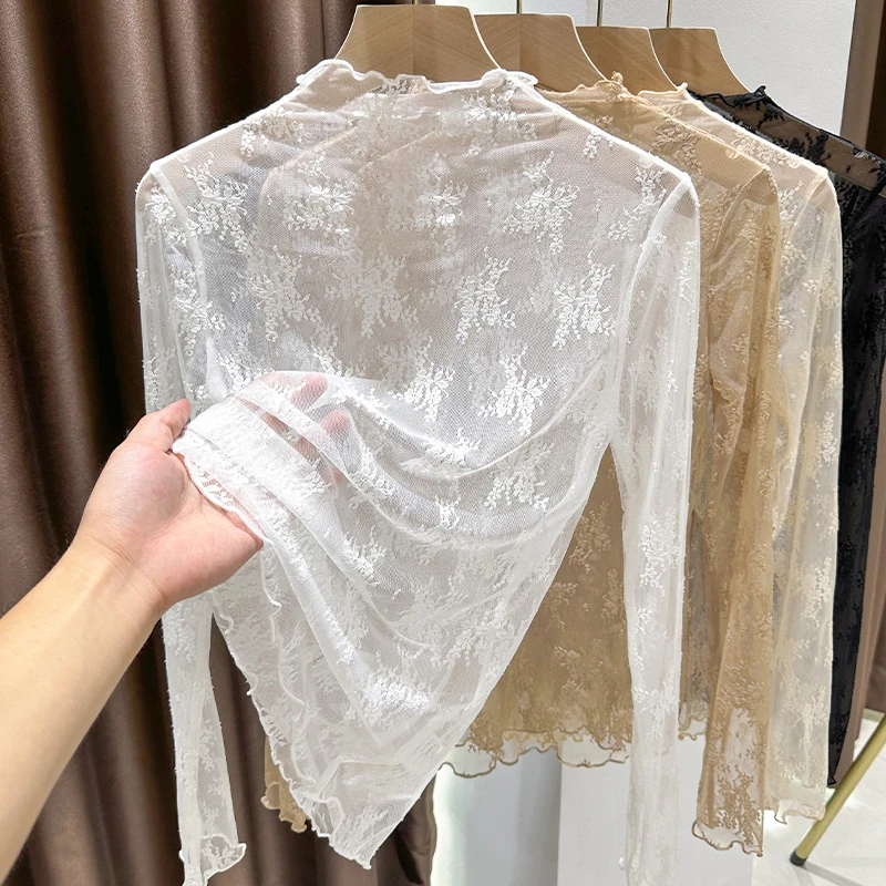 洋气半高领蕾丝小衫女秋冬性感透视内搭长袖薄纱打底白色网纱上衣