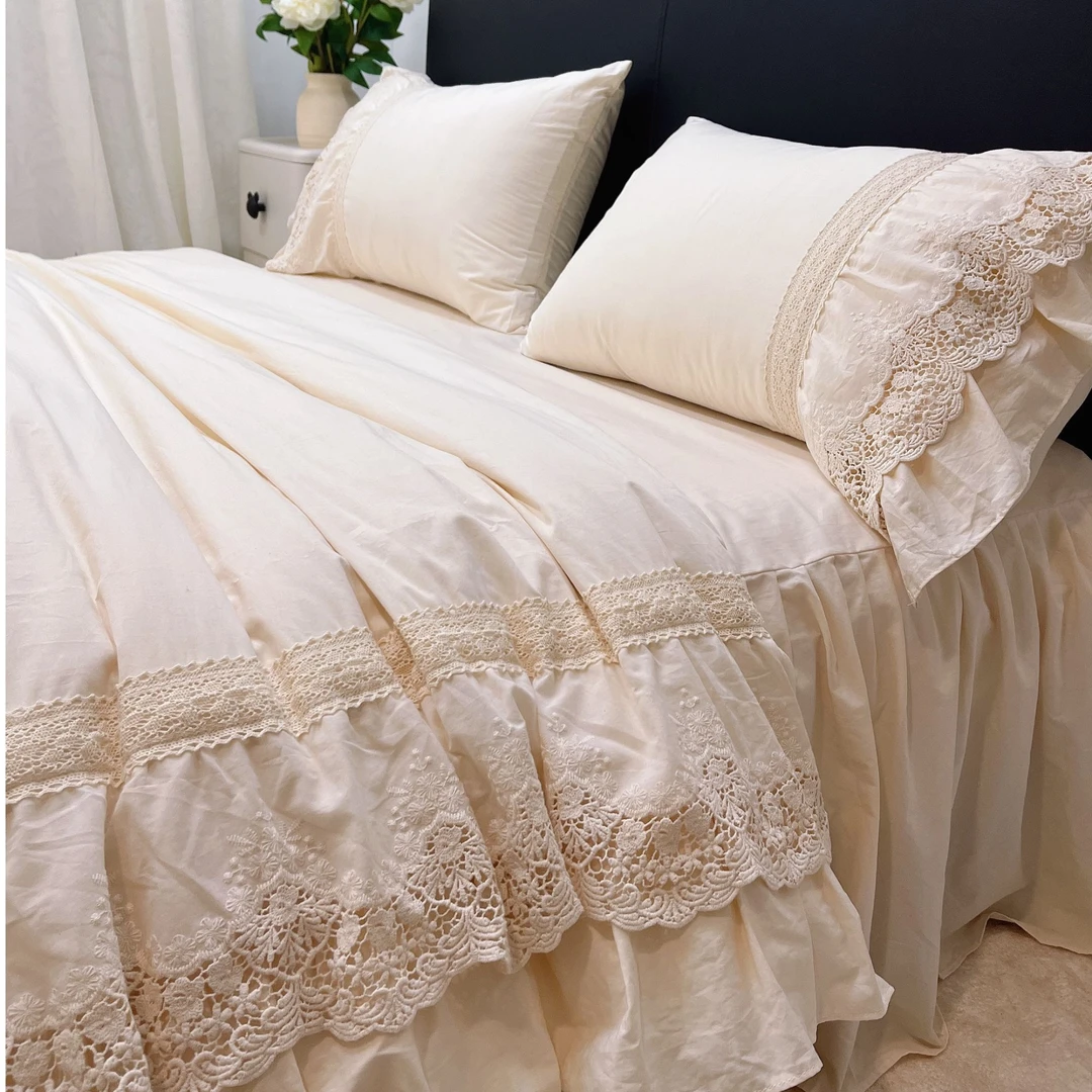法式蕾丝花边全棉四件套公主风纯棉床单床上被套纯色轻奢床品