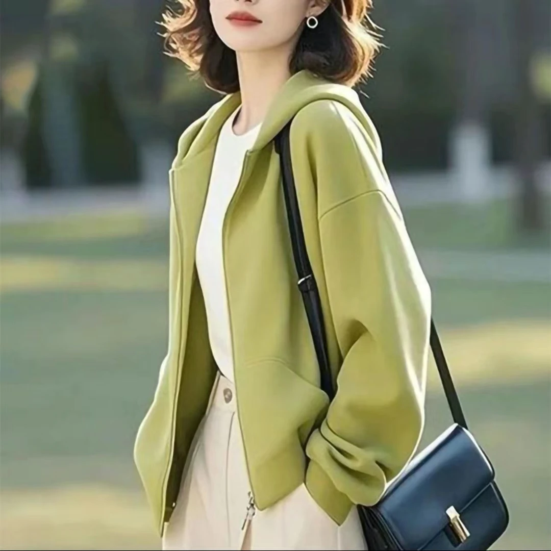 减龄漂亮洋气小个子显瘦百搭纯色连帽加绒卫衣外套女2025早秋新款