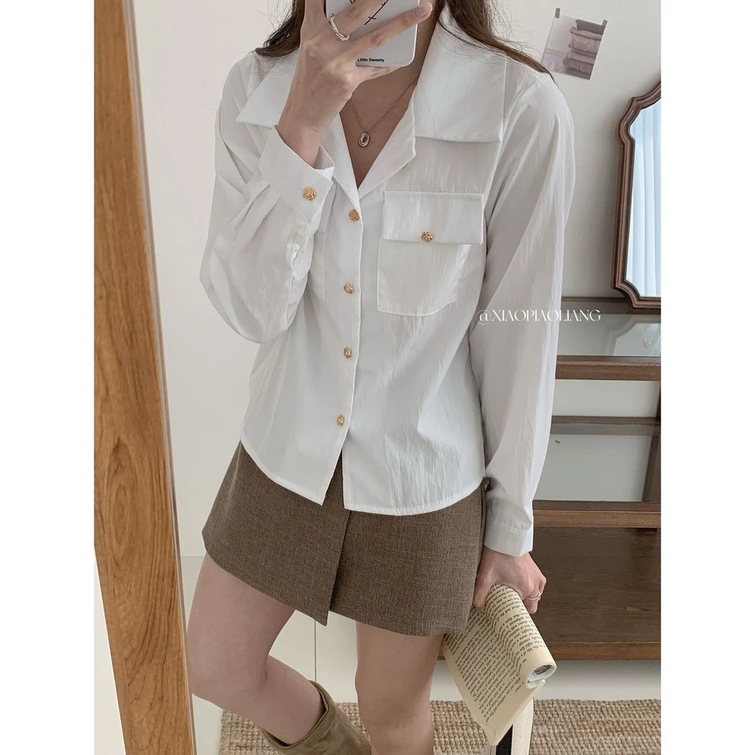 衬衫女设计感衬衣长袖小众2024秋季新款纯色洋气上衣潮6932#0.1