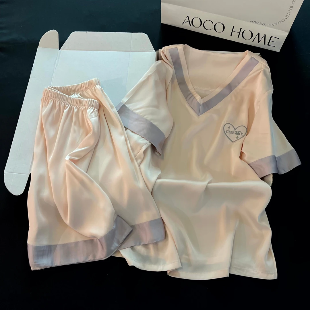 冰丝睡衣女夏季短袖凉感薄款可外穿网红风夏天大码爱心家居服套装