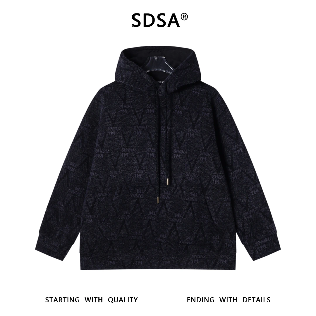 SDSA男士秋冬新款痞帅男装潮牌绒毛撞色字母抽绳连帽卫衣百搭时尚