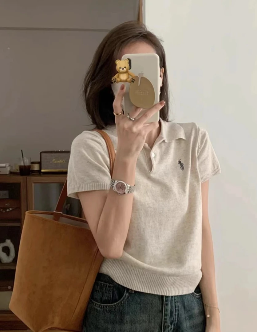 ZHY韩式简约气质百搭POLO领套衫夏季新款小马刺绣短袖针织衫M332