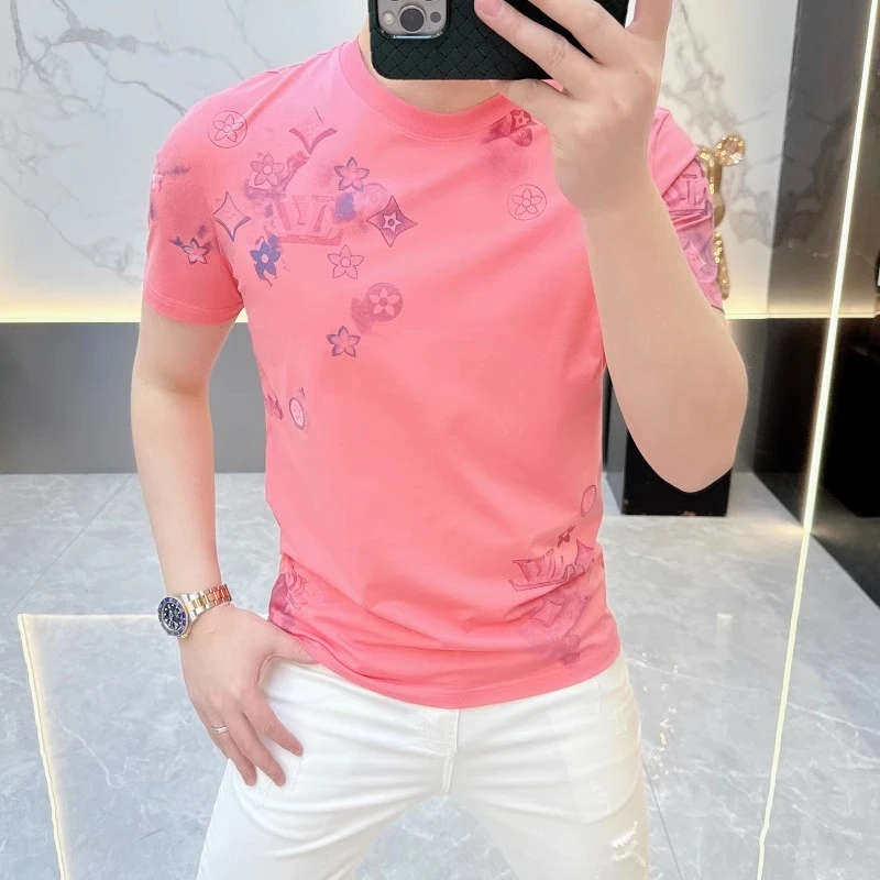 2025欧货轻奢男士针织冰丝短袖T恤印花时尚百搭夏季半袖上衣潮030