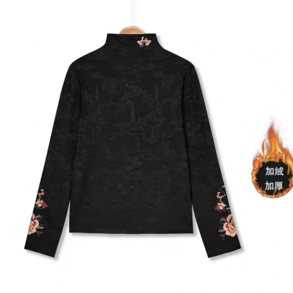 哥家2025年秋冬新款高领加绒加厚百搭苏绣暗纹提花打底衫女源羊洋