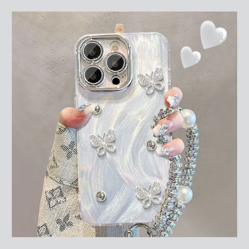 蝴蝶手链适用苹果15华为vivo/oppo小米iPhone16精孔羽纱纹手机壳