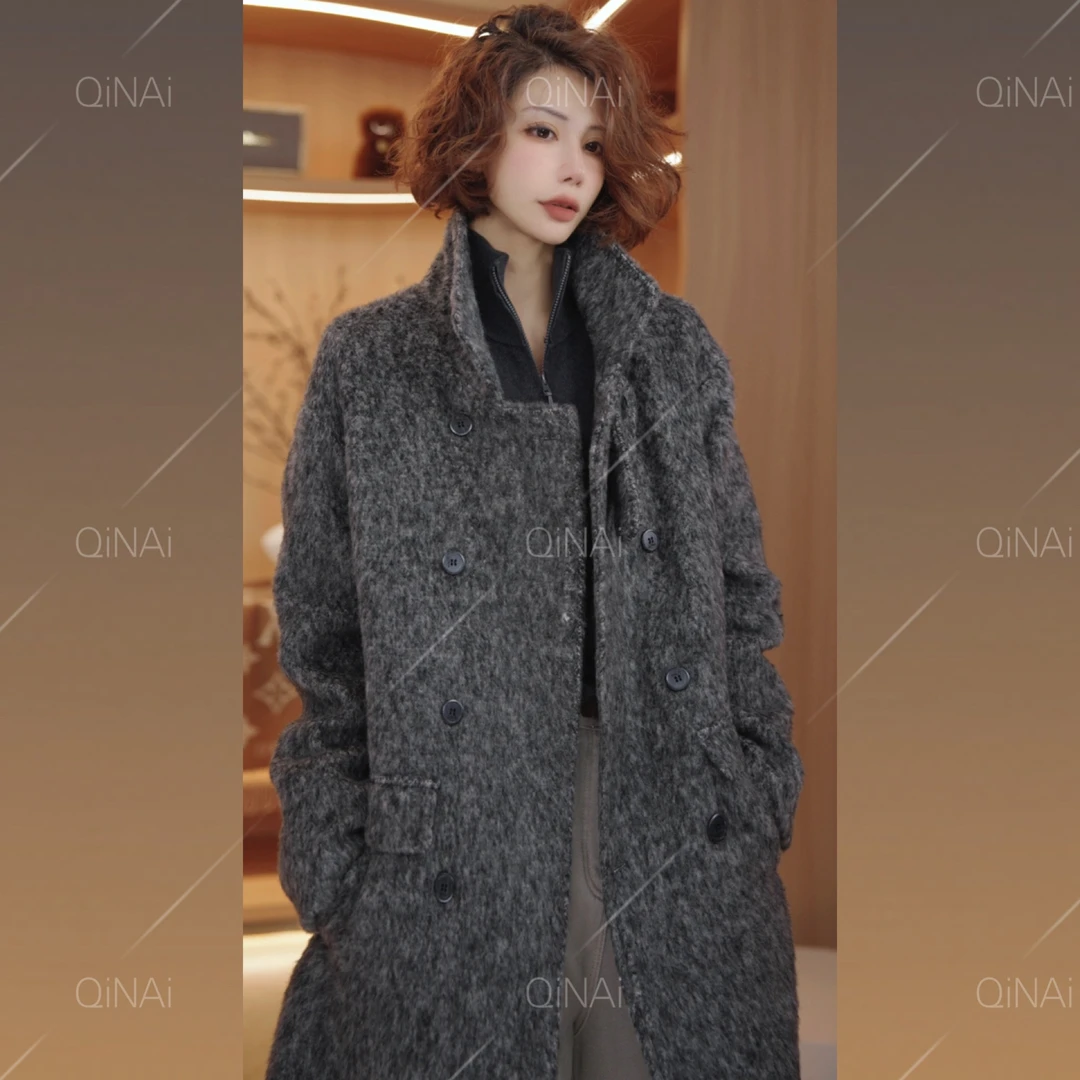 七奈 「蔚集」韩版宽松中长款含羊毛合身白鸭绒羽绒服QN13373