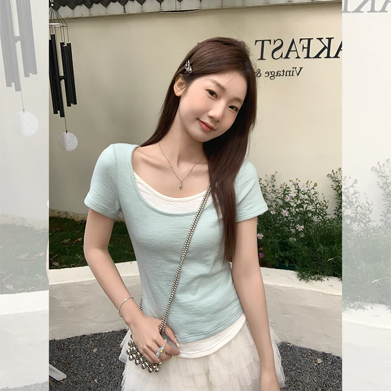 淡人系假两件短袖t恤女2025夏日新品薄款修身独特漂亮上衣