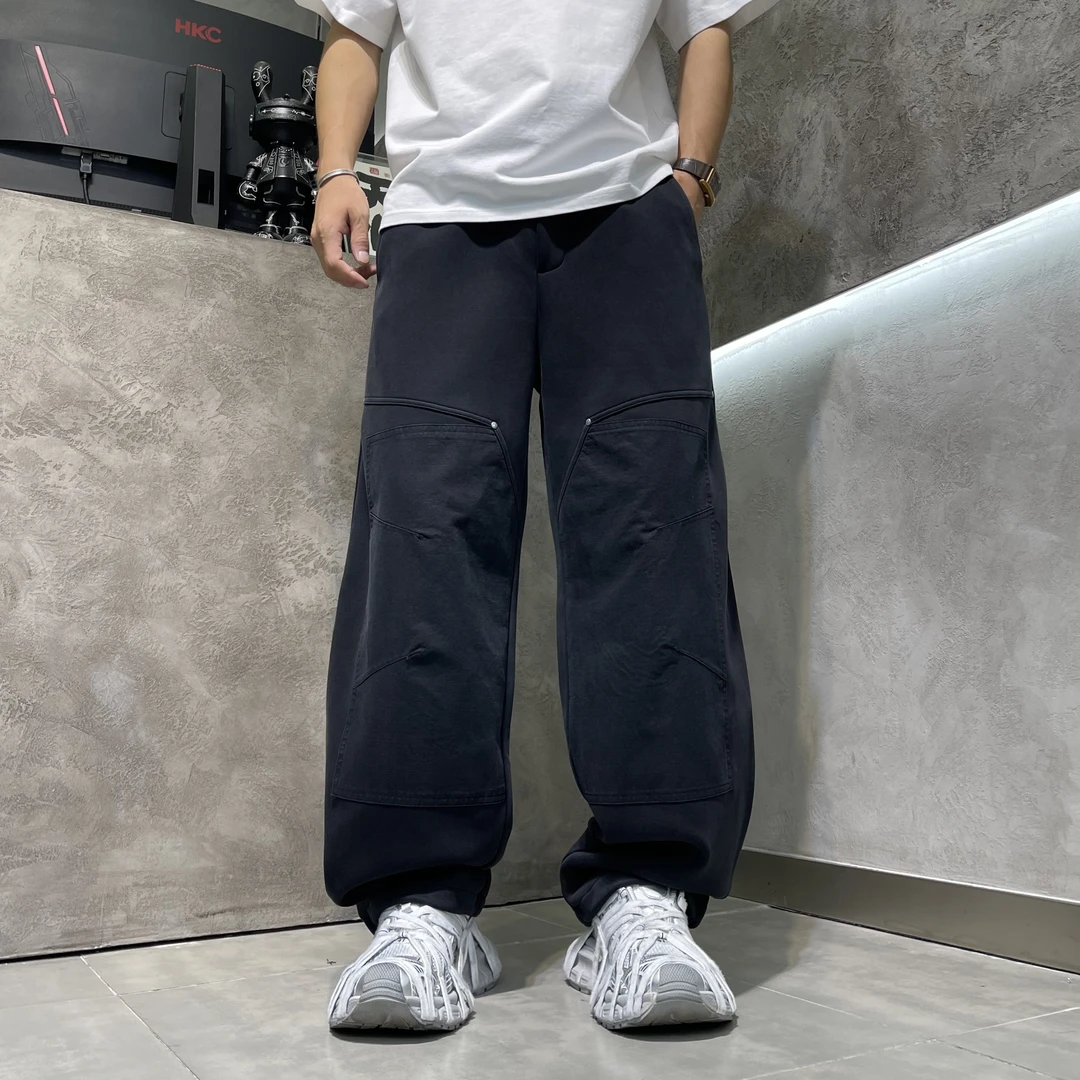 宽松长裤潮直筒复古潮流裤拼接日系男裤秋冬美式厚款百搭阔腿裤子