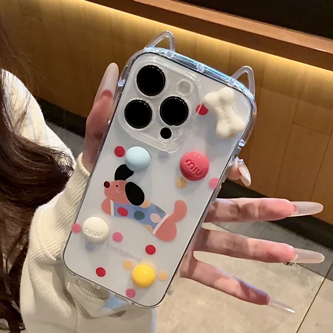 立体彩豆波点腊肠狗适用iPhone16苹果13promax新款1415猫耳手机壳