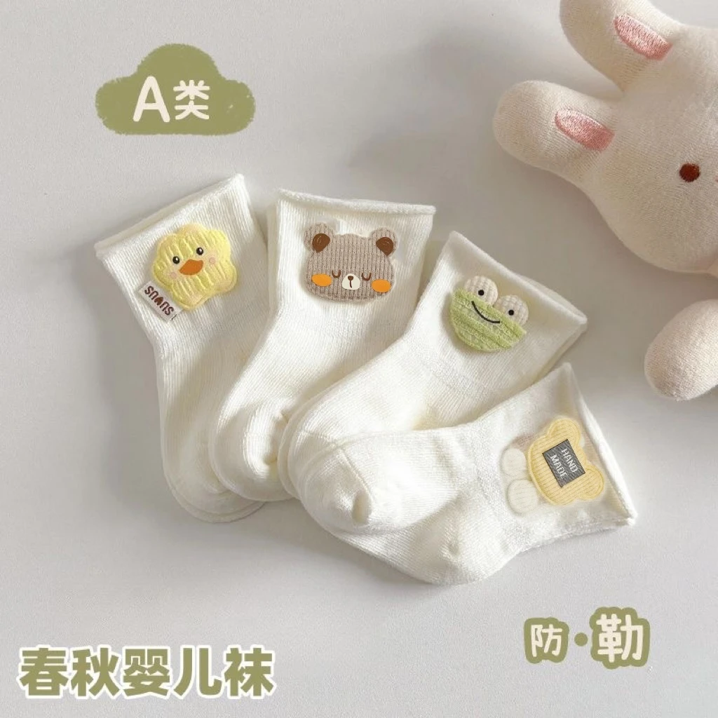 婴儿袜子春秋薄款100%新生儿宝宝中筒袜纯棉松口不勒可爱儿童短袜