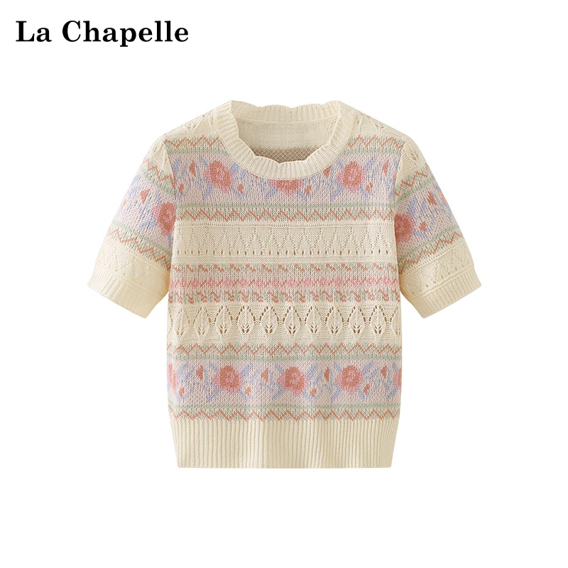 拉夏贝尔提花条纹花边镂空短袖女甜美小众上衣夏新款高级时尚洋气