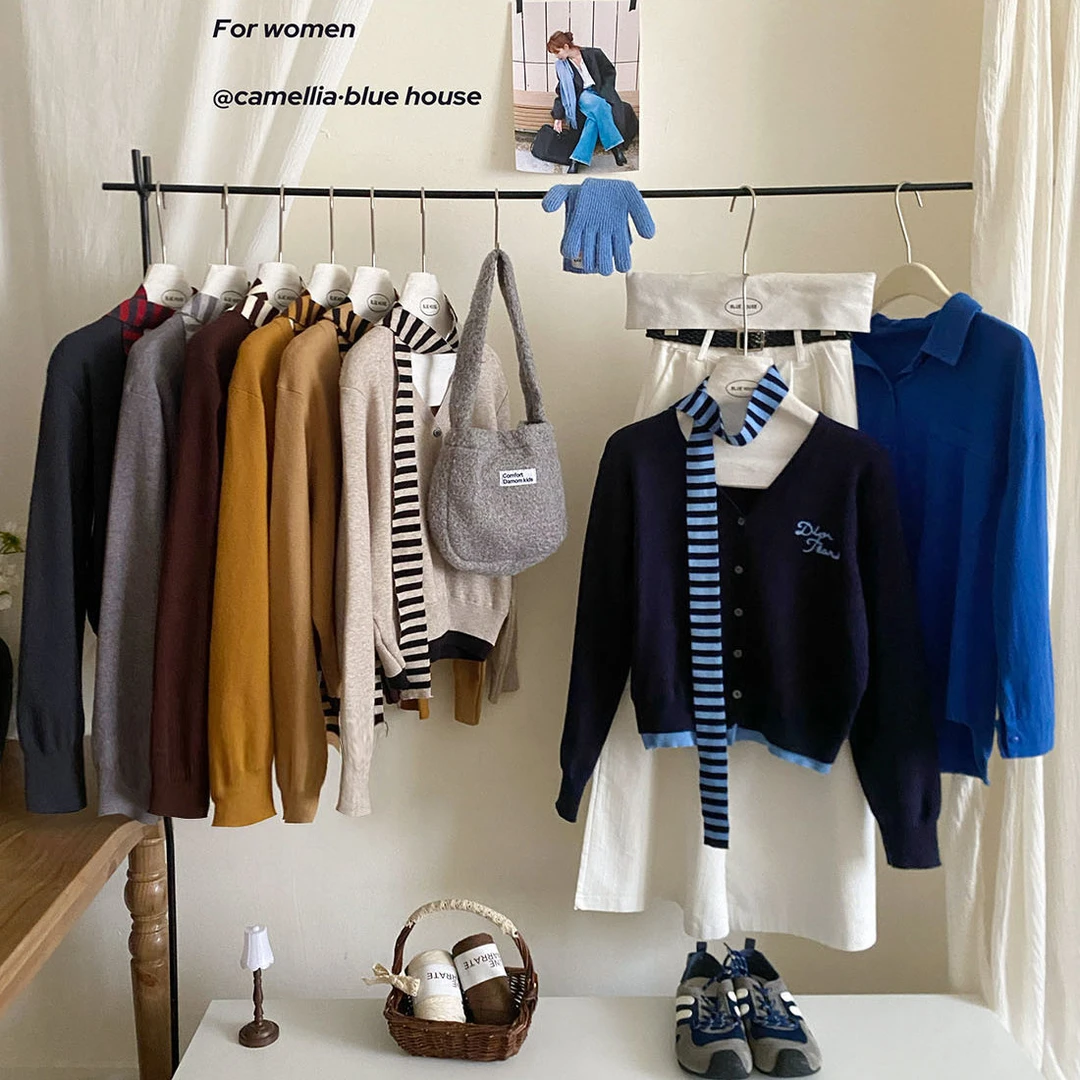 韩国chic撞色气质字母刺绣飘带针织开衫女秋洋气别致休闲外套上衣