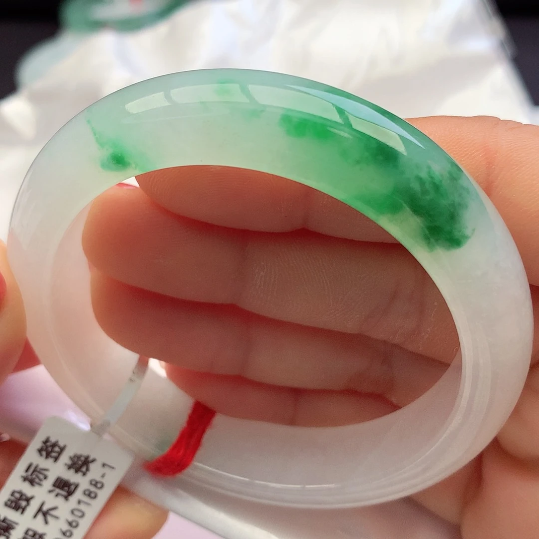 未镶嵌手镯翡翠5455圈口冰飘阳绿花毕业镯有纹捡漏14号