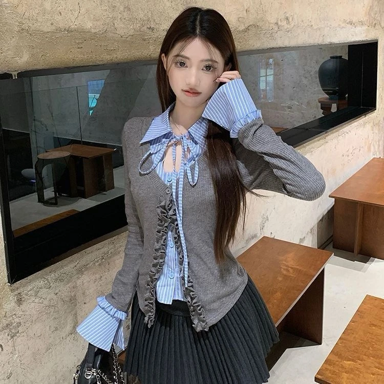 木耳边格子拼接系带长袖针织衫女假两件纯欲显瘦开衫+半身裙-xy