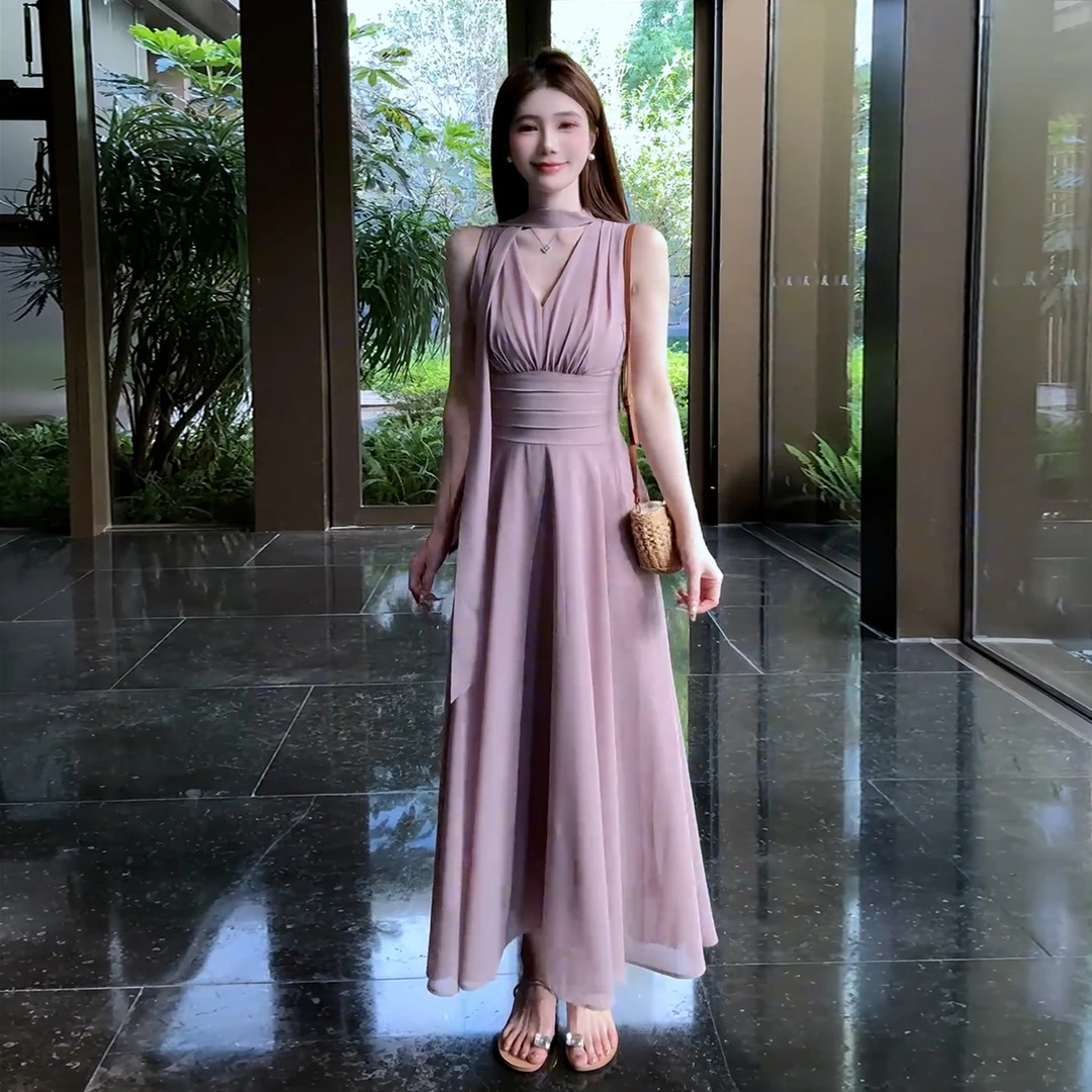 法式气质紫色无袖V领仙女连衣裙子女夏2025新款雪纺收腰显瘦长裙