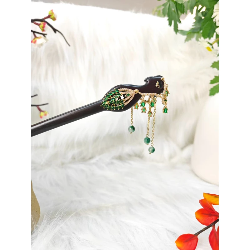 炑歌K363原创气质绿色流苏百搭款18公分发簪