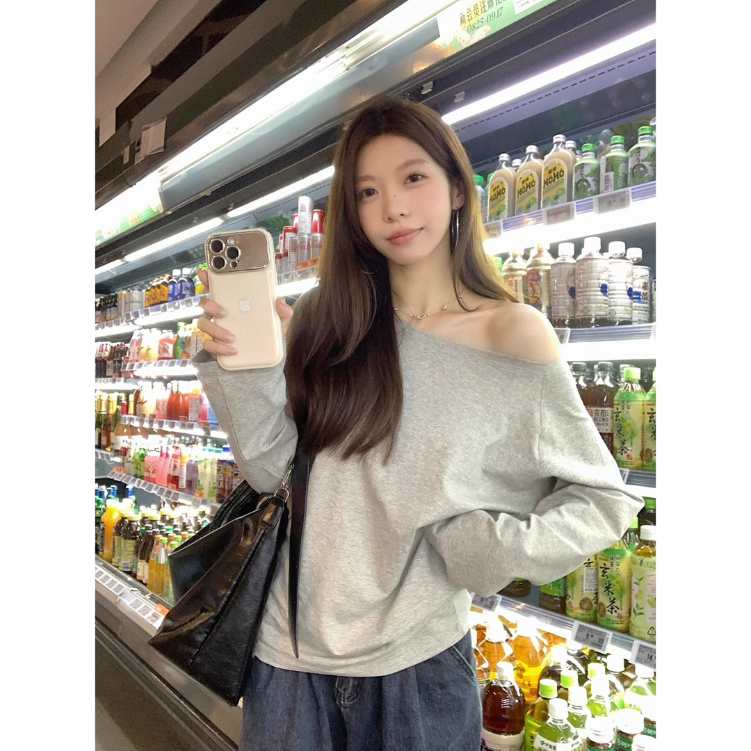 纯棉巨好看甜美一字领露肩性感长袖T恤女秋季新款宽松轻熟风上衣