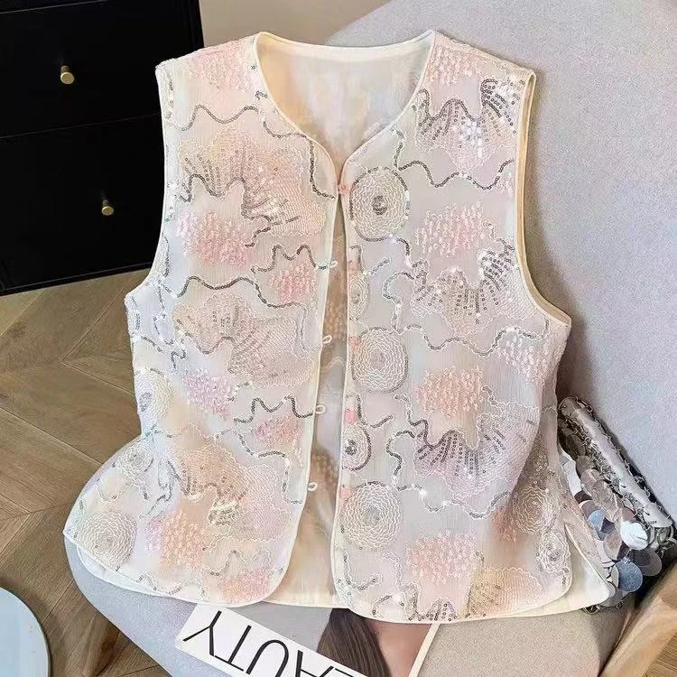 159亮片串珠马甲碎花中国风刺绣马夹女显瘦百搭上衣春季