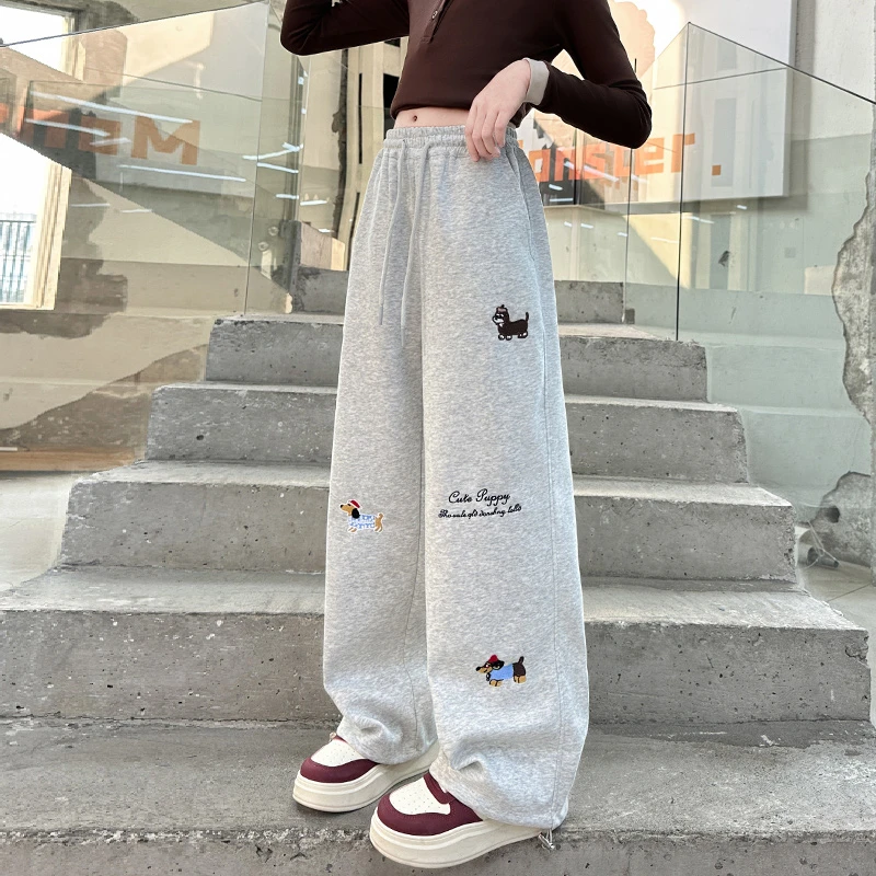 女童卡通刺绣休闲裤两穿可束脚阔腿裤2025春秋新款中大童裤子潮酷