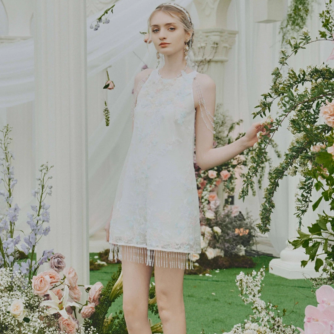 Marie Elie【月白旧忆】法式气质重工钉珠连衣裙短裤EAF11M21302