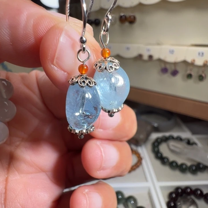 海蓝宝石银S925镶嵌耳坠天然海蓝宝石