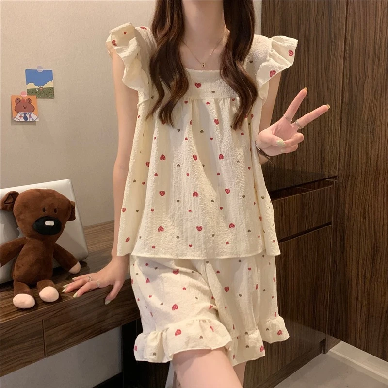 夏季2025年新款短袖睡衣薄款家居服冰丝木耳边休闲套装可外穿女款