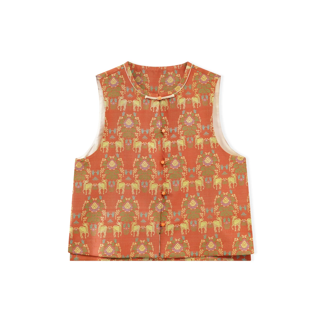 三羊开泰-新中式里外100桑蚕丝宋锦马甲国风复古女装BZ25192