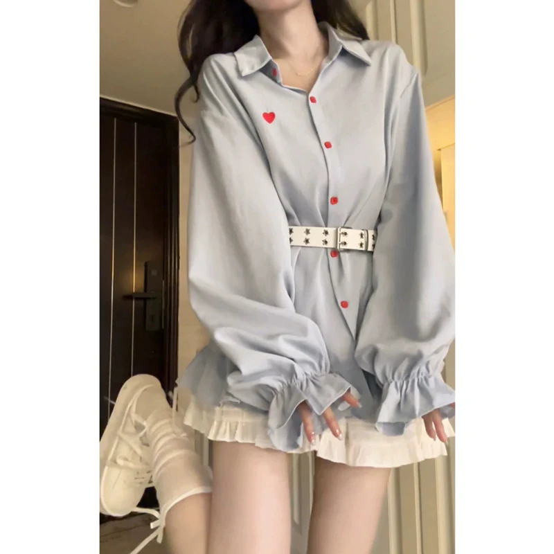 爱心刺绣花边长袖蓝色衬衫女春季2025新款宽松上衣半身裙短裙套装