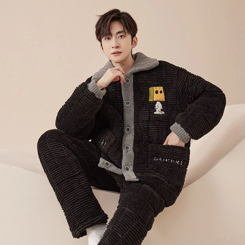 睡衣男士三层夹棉珊瑚绒加厚加绒保暖超厚2024秋冬季家居服两件套