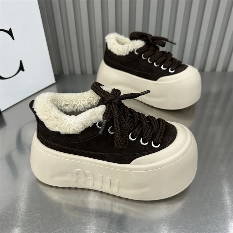 女款时尚圆头休闲百搭厚底松糕底复古冬季加绒韩版系带ins小众鞋