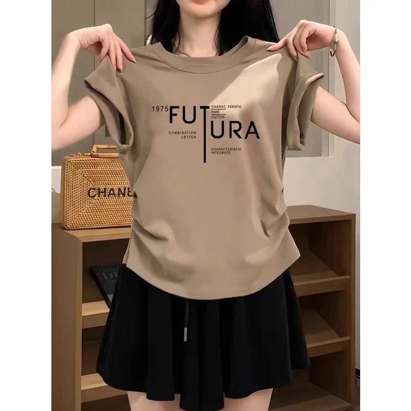 小飞袖褶皱正肩短袖t恤女夏季2025新款设计感收腰显瘦圆领上衣潮