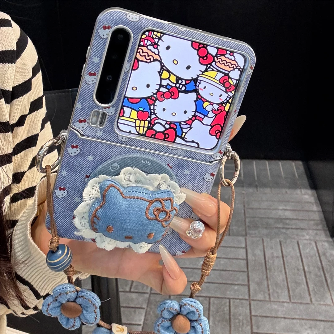 适用华为purax折叠屏手机壳pocket2复古风牛仔纹碎花kt猫mixflip2