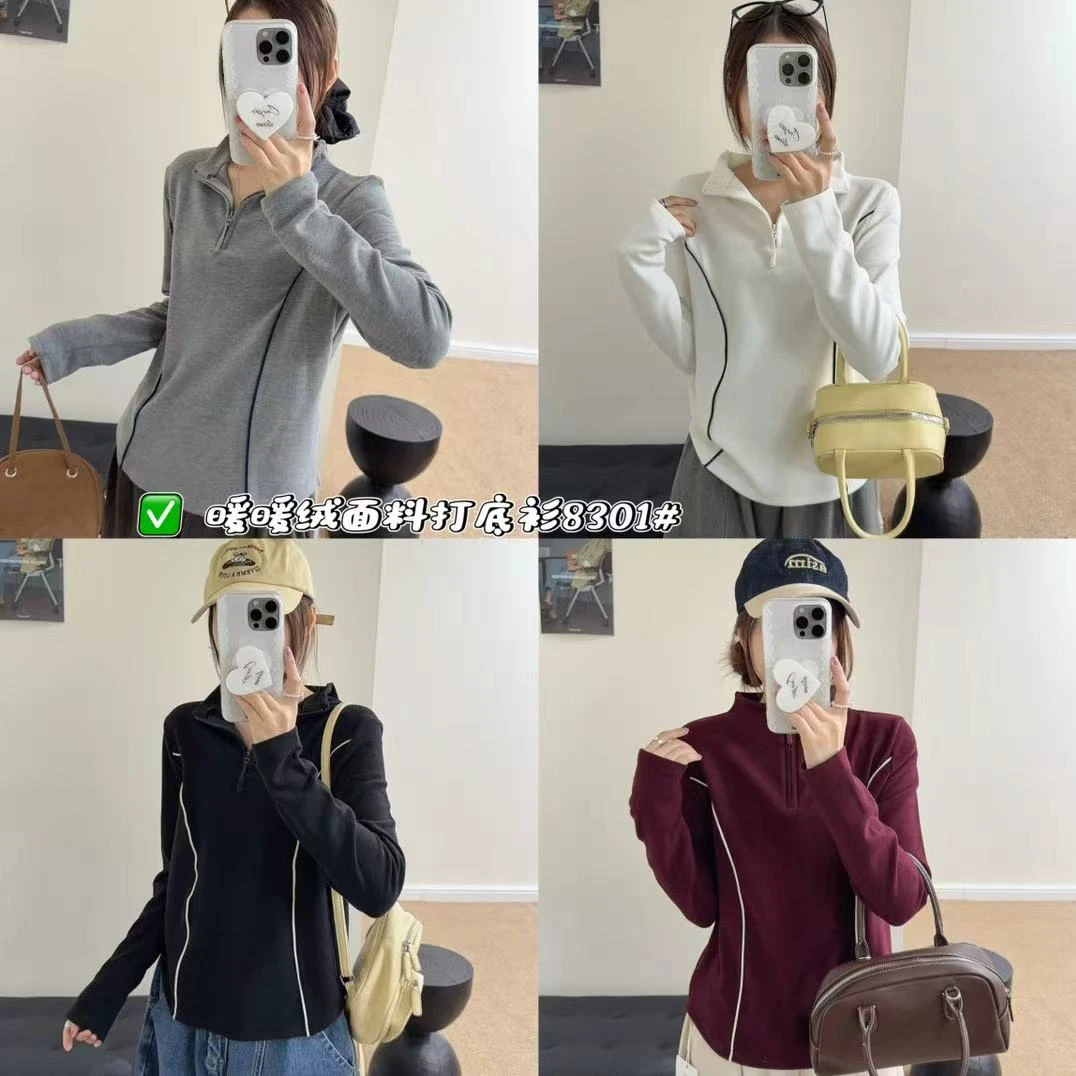 【杨嘻嘻】即墨韩版半拉链女半开领抗皱T恤气质时尚打底衫8301