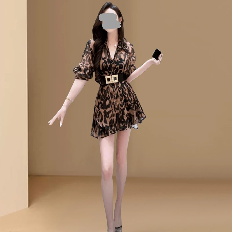 炸街减龄时尚套装2025新款夏装高级感豹纹防晒衬衫短裤两件套女装