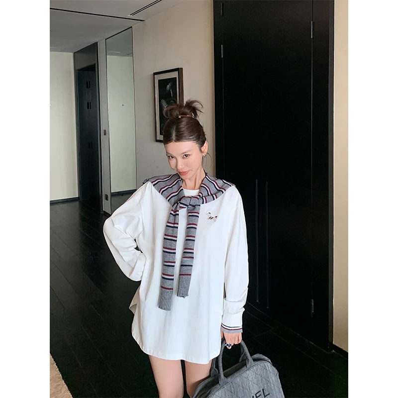 老钱风简约穿搭宽松圆领显瘦减龄连衣裙女刺绣T恤条纹披肩两件套