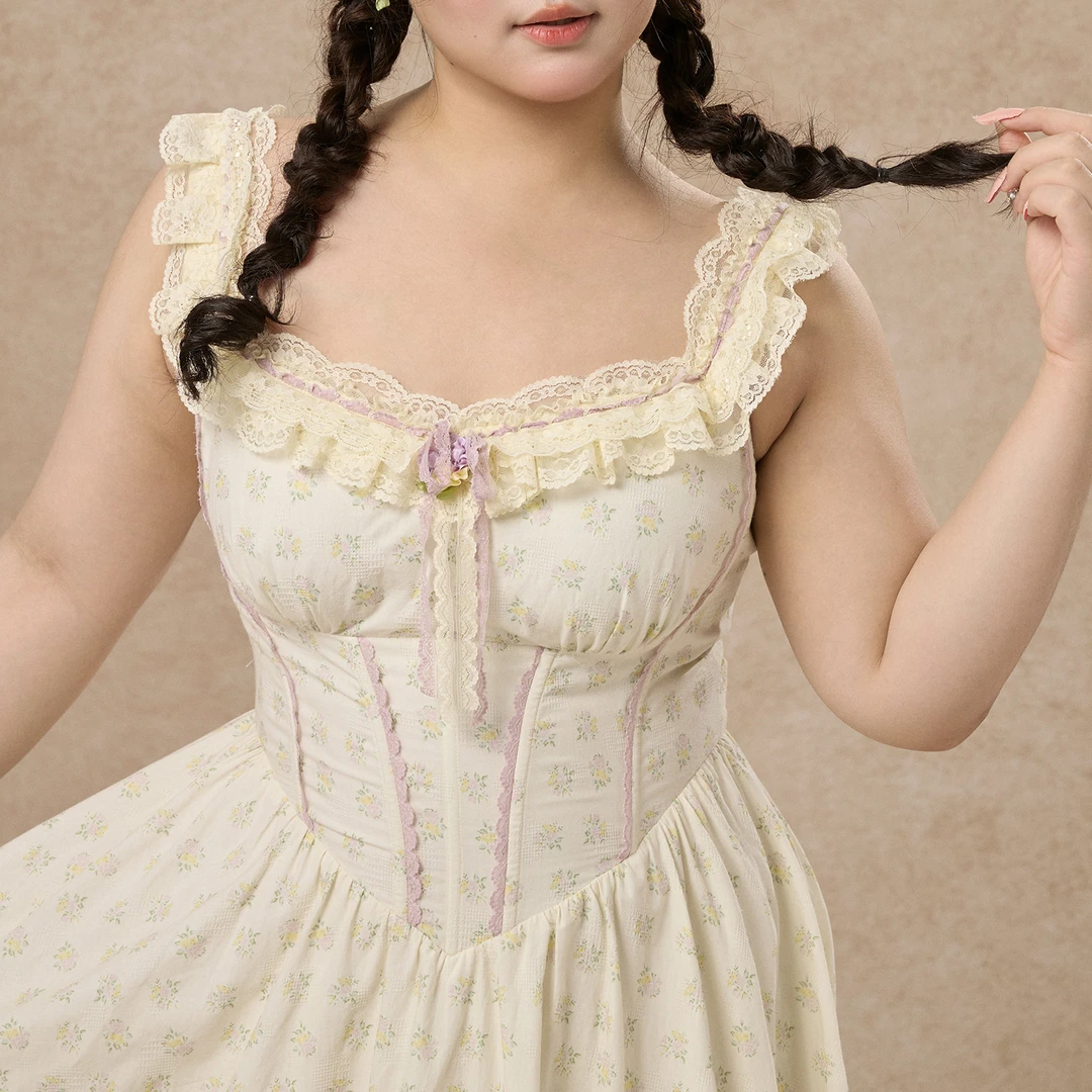 LaceMade大码女装 奶油丁香 法式重工黄色连衣裙鱼骨收腰通勤长裙