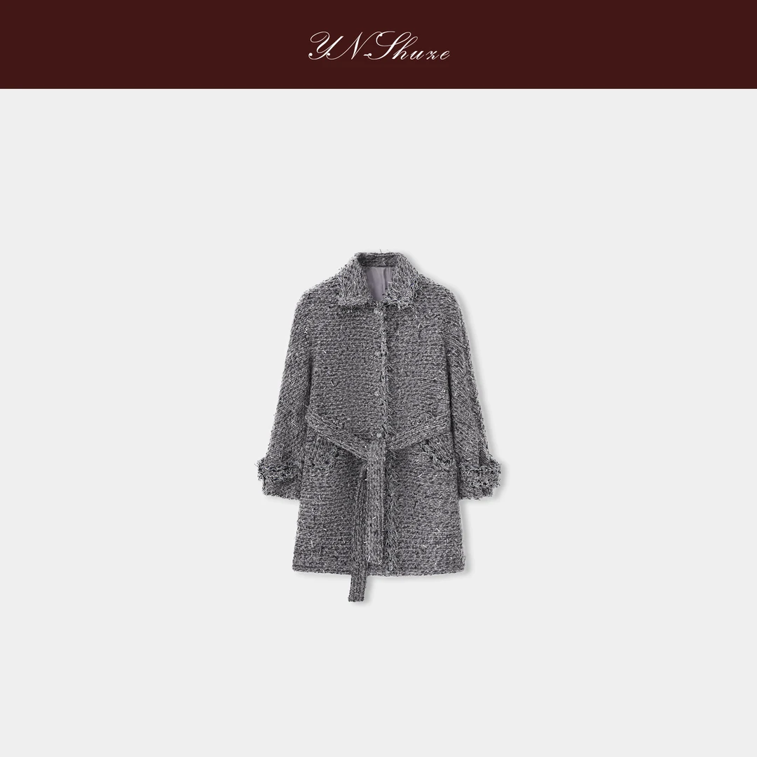 YN-SHUZE【银砂】中长款落肩袖灰色厚款毛呢外套SZ-YNB-AC6039