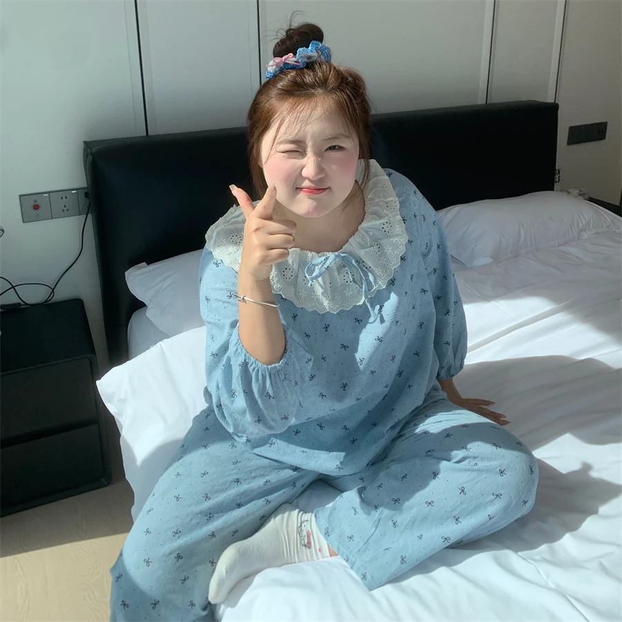 大码胖MM200斤秋季长袖长裤纯棉棉纱蓝色蝴蝶结印花宽松睡衣