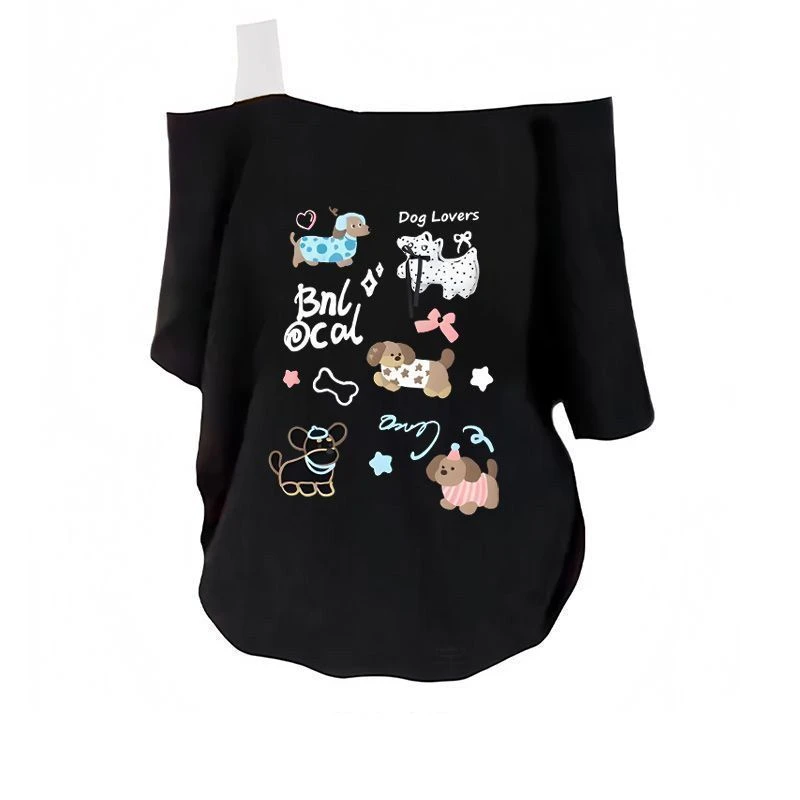 设计感独特美式甜妹印花斜肩短袖T恤女2025夏季宽松显瘦露肩上衣