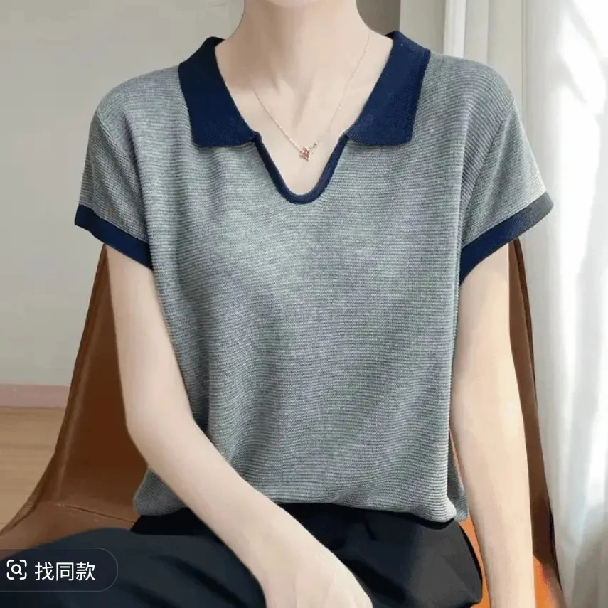 天丝POLO领拼色针织衫减龄时尚翻领T恤百搭夏季上衣拼接休闲撞色