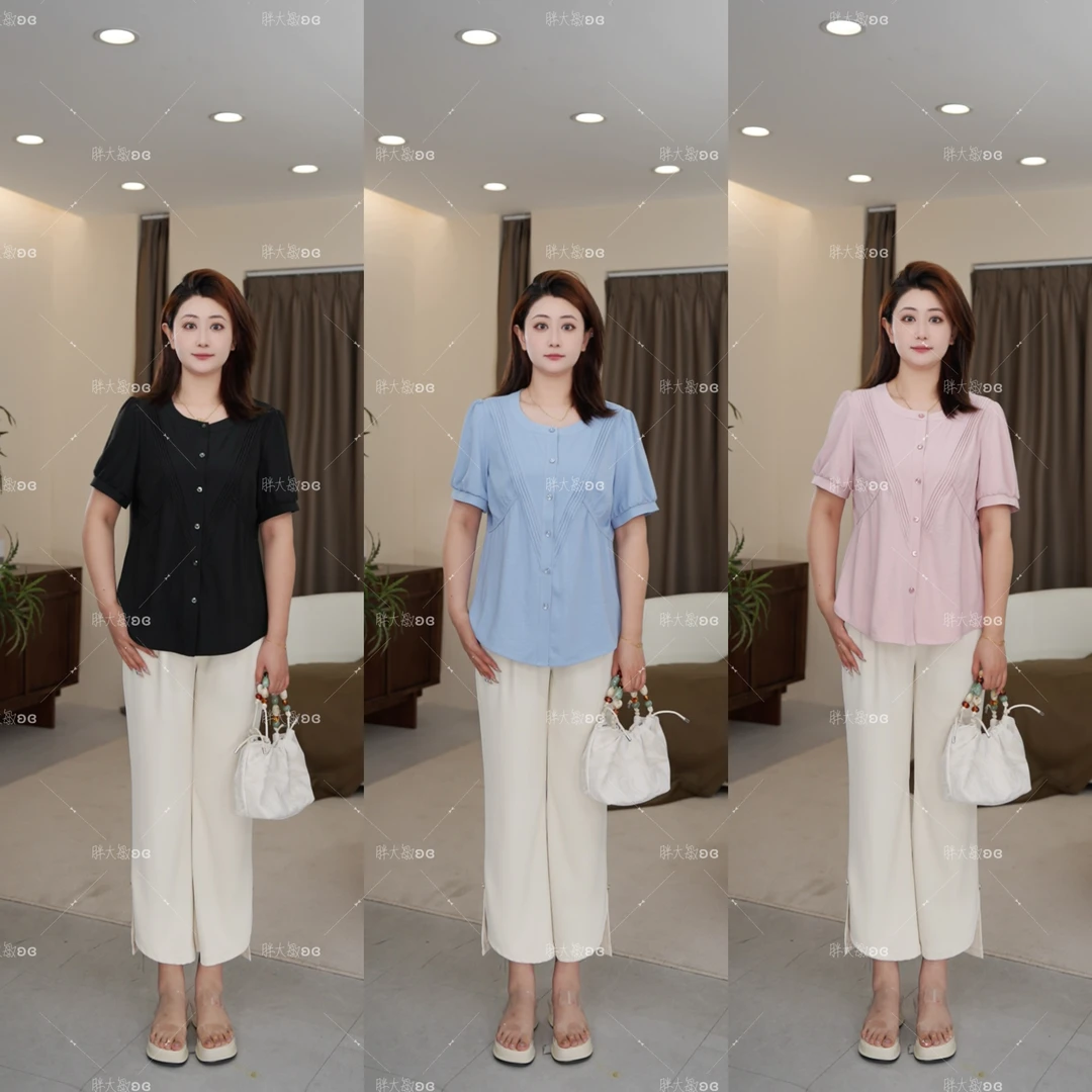 【上新上衣】PDM22168夏季新款衬衣圆领收腰洋气时尚显瘦上衣