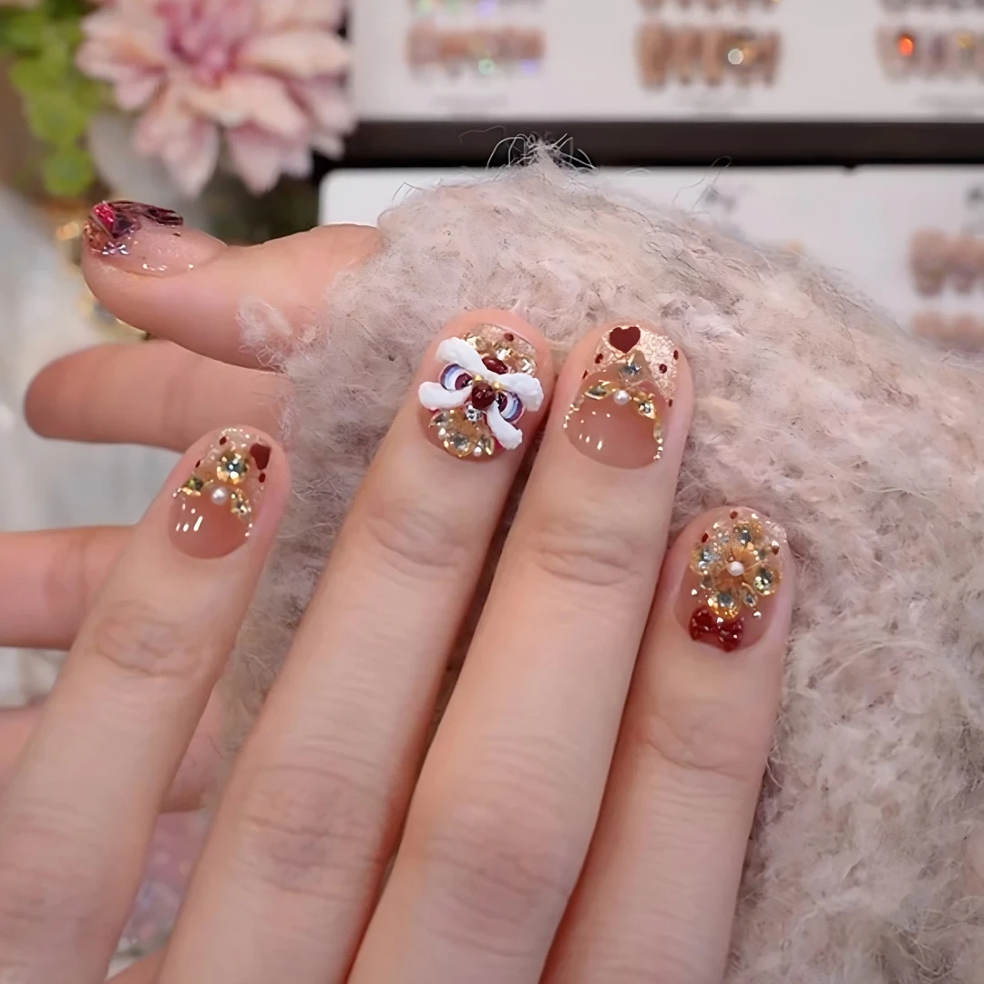 【心悦醒狮】纯手工浮雕醒狮锆石爱心蝴蝶结穿戴美甲 重复佩戴