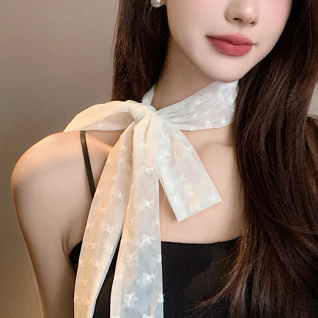 法式蝴蝶蕾丝高级感长条丝巾女护颈装饰小领巾多功能绑发飘带装饰