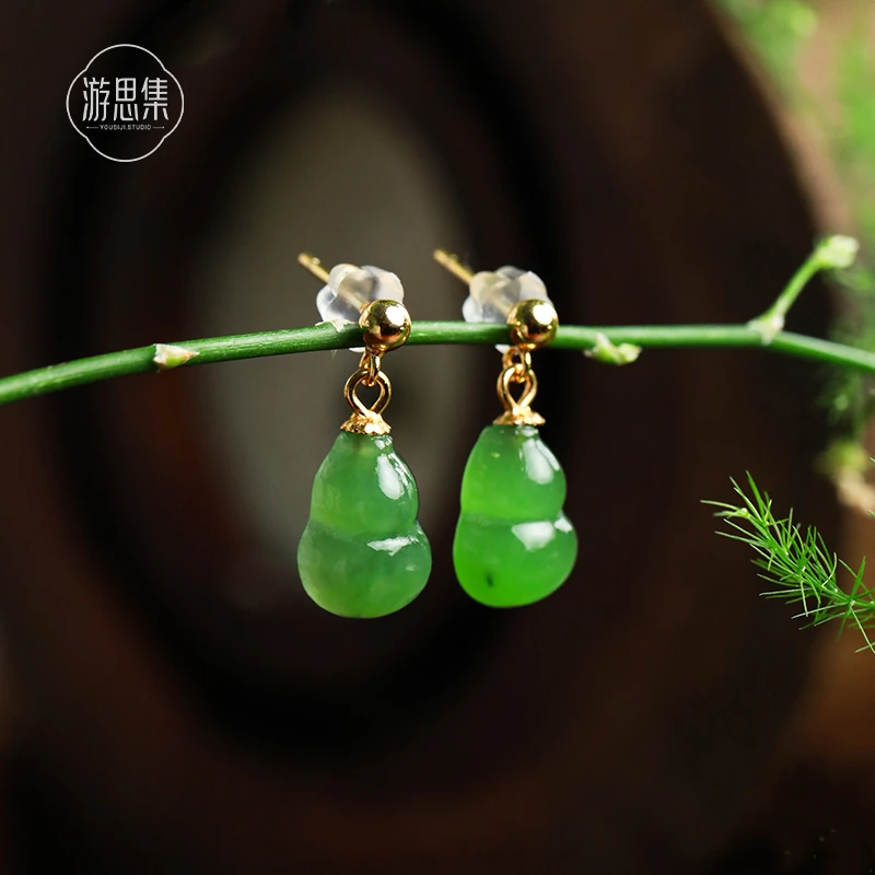 游思集【渐晓耳钉】天然和田玉碧玉葫芦新中式精致时尚气质设计