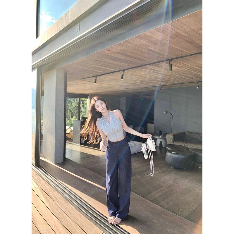 夏季新款修身显瘦穿搭小众设计感格纹无袖上衣休闲简约时尚长裤女