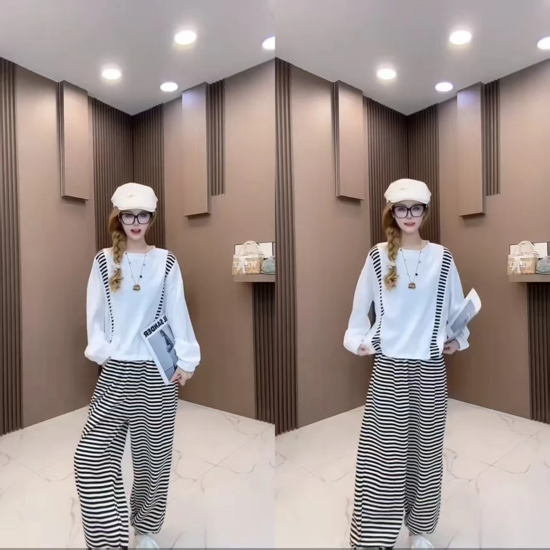 早秋新款条纹休闲套装显瘦减龄时尚百搭长袖长裤款宽松黑白两件套