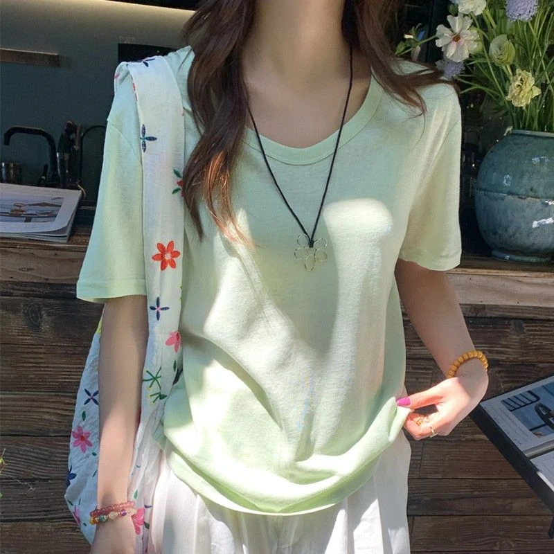 多巴胺V领雪花棉薄款短袖T恤女夏冰丝半袖慵懒风百搭宽松显瘦上衣